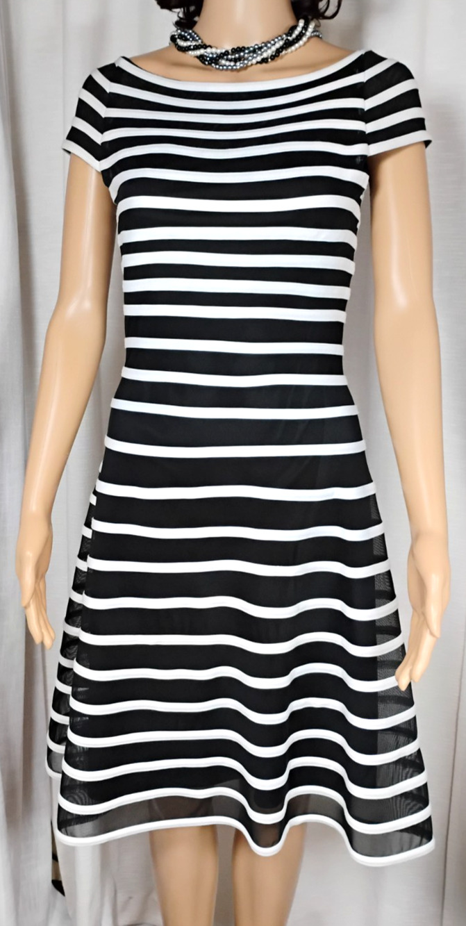 Betsy Adam Stripe Dress Fit Flare Skater Illusion Cap Sleeve Cocktail Party